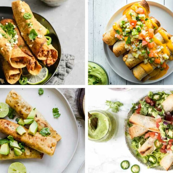 four different vegan taquitos filled with beans, mushrooms, sweet potatoes and more