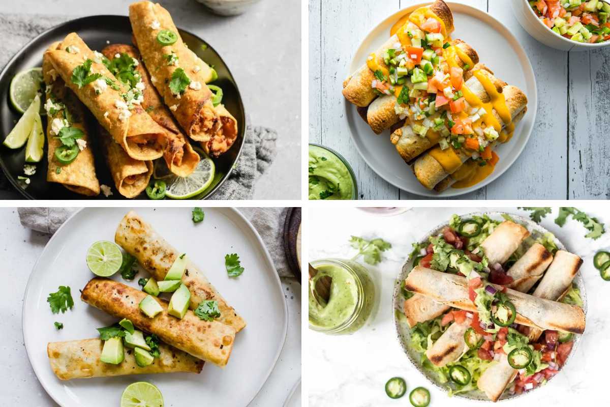 four different vegan taquitos filled with beans, mushrooms, sweet potatoes and more