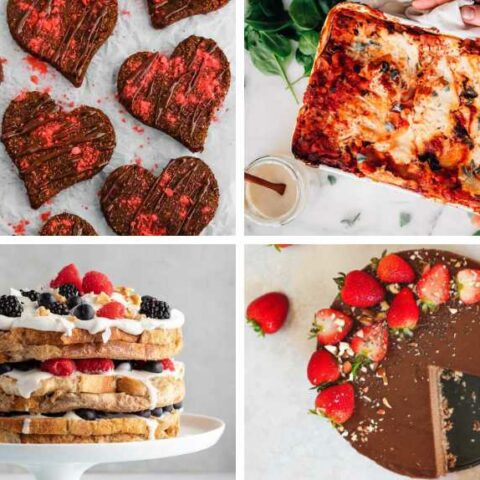 collage of four vegan Valentine's Recipes like chocolate cheesecake, lasagna, French toast cake and heart-shaped cookies