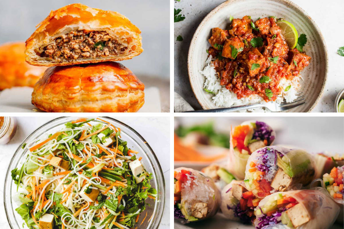 4 Vegan Vietnamese Recipes with rice, pastries, salad, and rolls