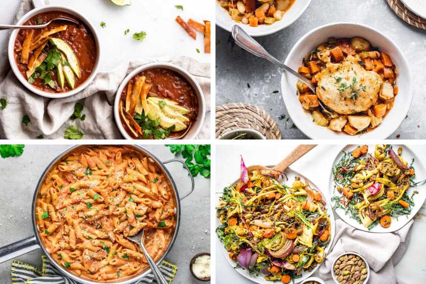 collage of four vegan winter recipes from chili to pasta, stew and roasted veggie salad