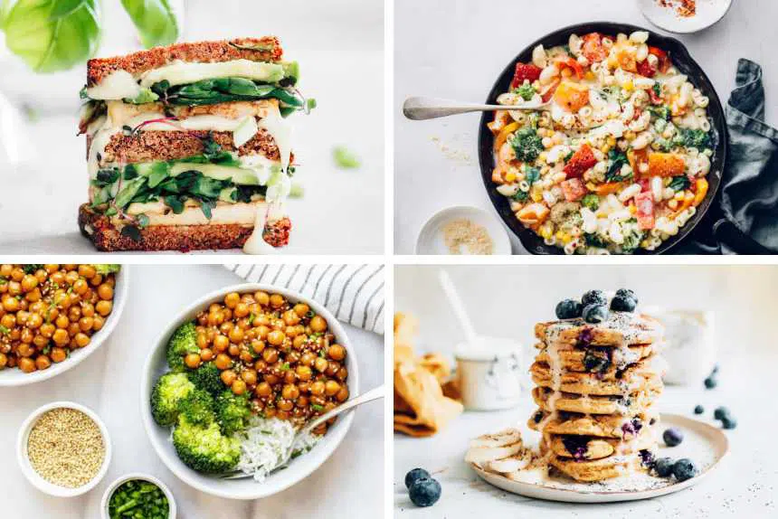 collage of four different vegan recipes for veganuary from avocado sandwich to veggie pasta, easy pancakes and a buddha bowl