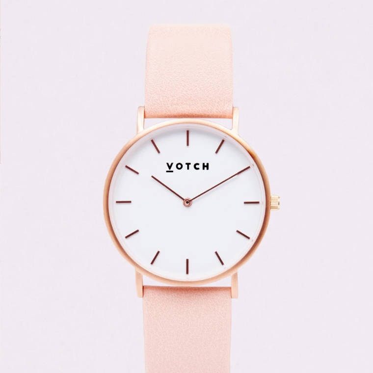 minimalist watch with light pink vegan leather straps by the brand Votch