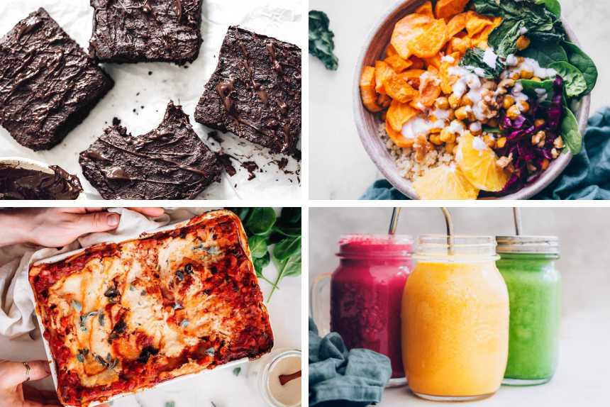 four whole food plant based recipes from brownies to lasagna, buddha bowl and smoothies