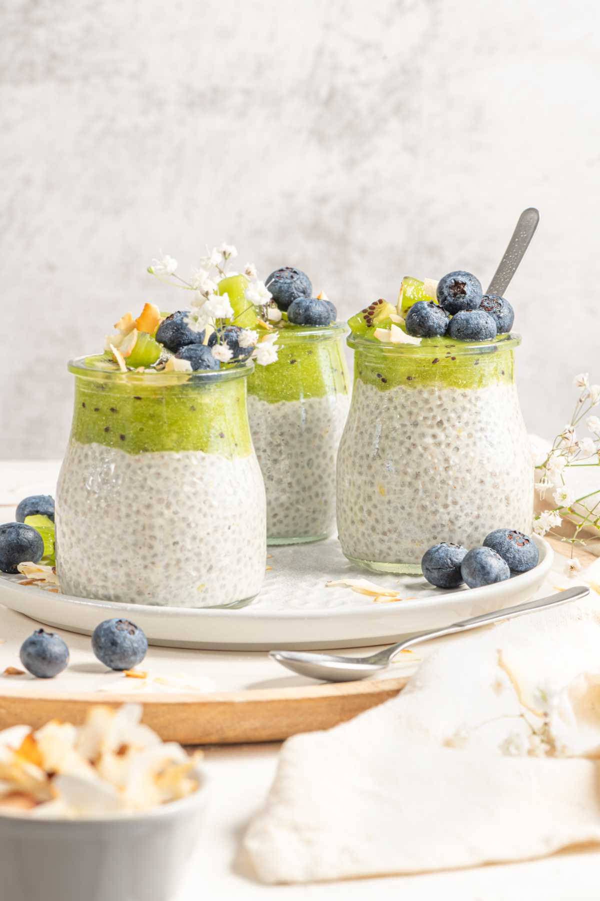 Healthy breakfast chia pudding with kiwi, blueberries and coconut