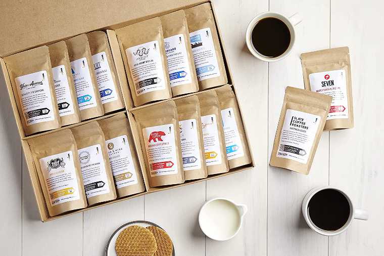 coffee sampler box with a dozen different beans