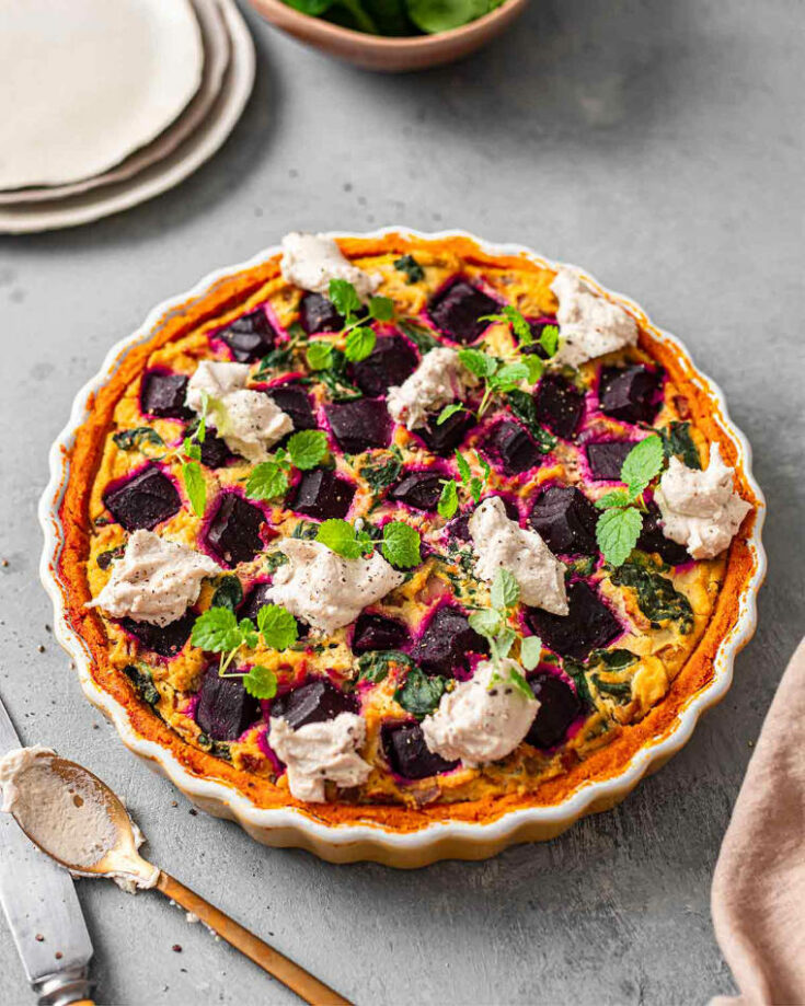 vegan quiche with pumpkin beetroot and cheese